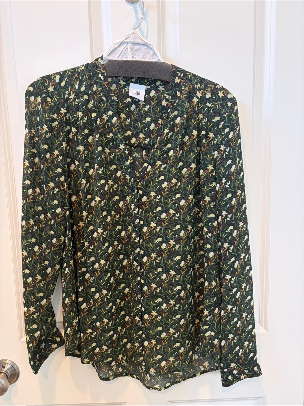 CAbi Dark Green Floral Button-Front Blouse